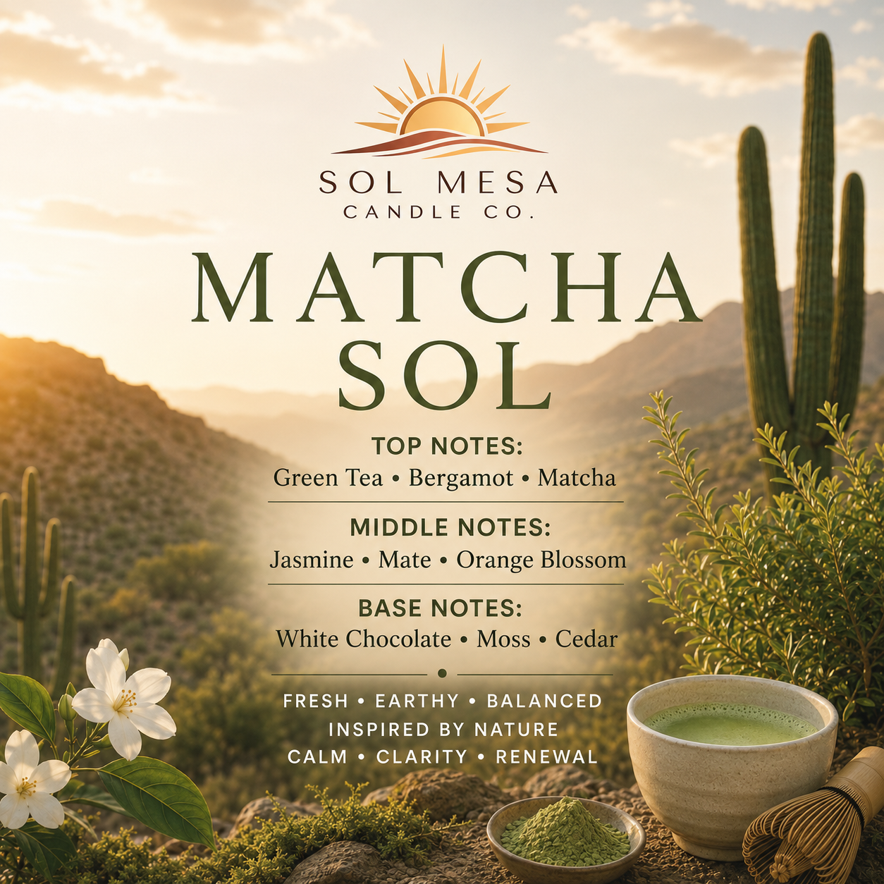 Matcha Sol Candle – Green Tea, Bergamot & Jasmine | Sol Mesa Candle Co.